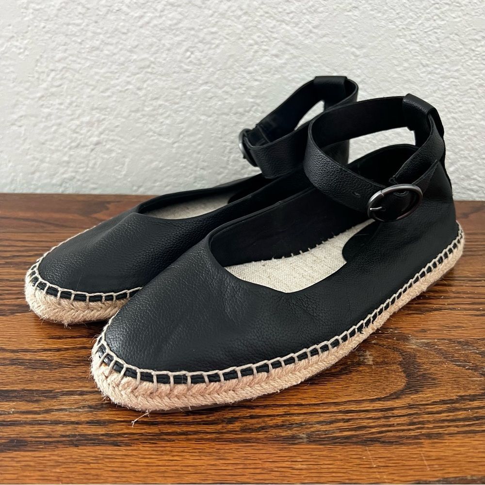 Splendid Ace Espadrille Ankle Strap Flats Black Leather 8.5